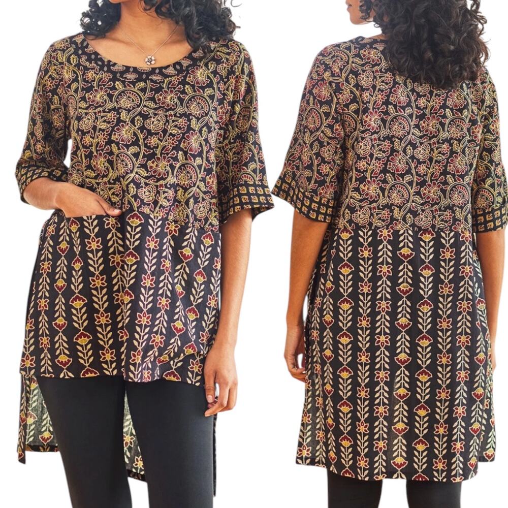 April Cornell 100% Cotton Romania Vine Blockprint Tunic Size Large Made in India